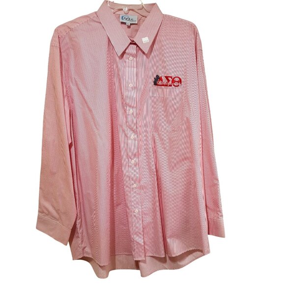 Delta Sigma Theta Embroidered Striped Button-Up Shirt Red White Long Sleeve Size - Picture 1 of 5